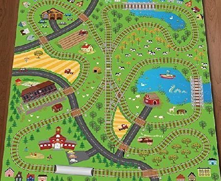 CHILDRENS PLAY MAT Giant Kids Childrens Railway Track Lines City Playmat Fun Town Trains Cars Play Village Farm Road Carpet Rug Toy Mat