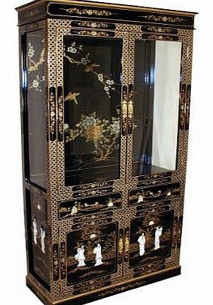 Oriental Chinese Furniture - Black Lacquer Display Cabinet with Mother of Pearl Inlay