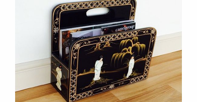 Oriental Chinese Furniture, Gifts & Accessories - Black Lacquer Magazine Rack with Mother of Pearl