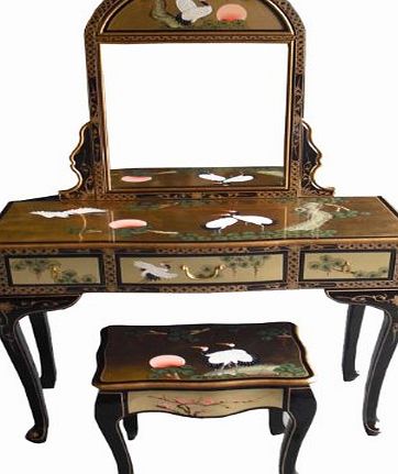 China Warehouse Direct Oriental Chinese Furniture, Gold Leaf Dressing Table Set with Mirror amp; Stool