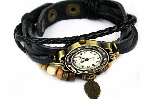 4 Colors Quartz Cool Weave Wrap Around Leather Bracelet Lady Woman Wrist Watch (Black)