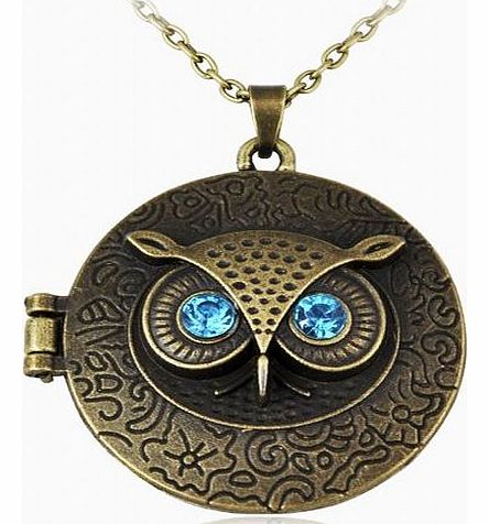 Caltrad Antiqued Vintage Brass Owl Locket Long Pendant Necklace with Blue Zircon Eye