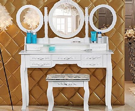 chinkyboo White Wooden Dressing Table with 3 Oval Mirror and Stool Bedroom Shabby Chic 7 Drawers Makeup Desk Sets