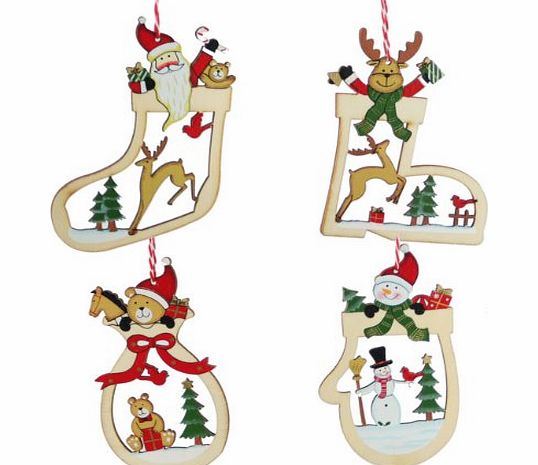 Christmas Direct Set of Four Wooden Christmas Tree Decorations