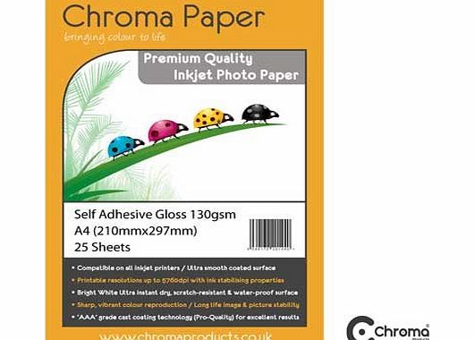 Chroma - A4 Fully Self-Adhesive High Gloss Inkjet Photo Paper - Premium Grade 130gsm (25 Sheets)