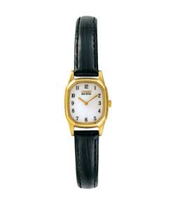Ladies Eco-Drive Gold Plated Black Strap Watch