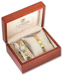 Ladies Eco Drive Gold Plated Watch & Bracelet Set