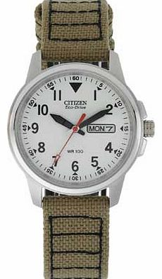 Mens White Eco Drive Military Strap Watch