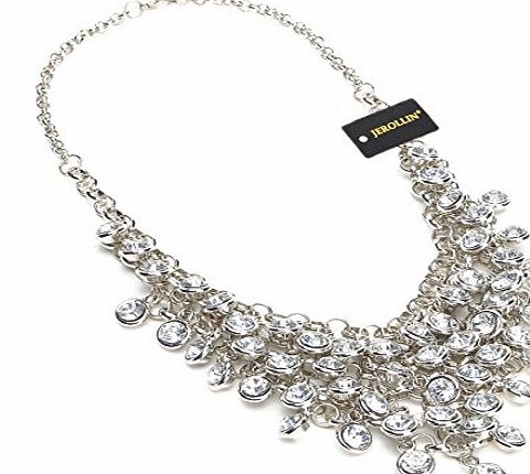 ComeOnBuying Fashion Costume Jewelry Silver Chain White Rhinestone Bunch Pendant Bib Statement Necklace