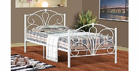 Comfy Living Emmie 3ft Single Metal Bed Frame, Bedstead in Cream With Mattress