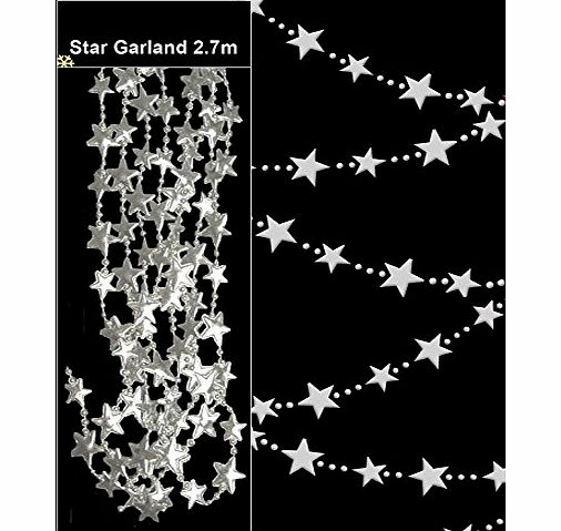 Concept4u Decorative Star Bead Chain Garland 2.7m SILVER ideal for Tree Decorations or art amp; craft - Christmas / Xmas