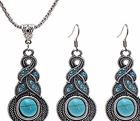 Contever Attactive Jewellery Vintage Tibetan Turquoise Necklace Earrings Set for Women - Oval Shaped
