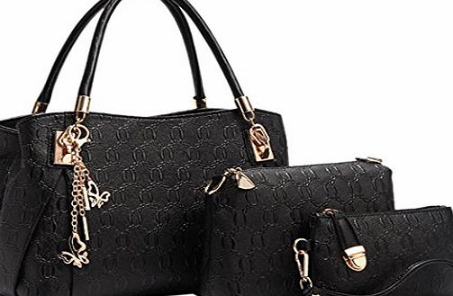 Coofit Women Vintage Leather Handbag Shoulder Bag tote Satchel Hobo Set Black