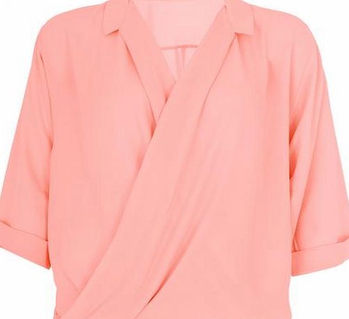 Coral Chiffon Crossover Front Blouse