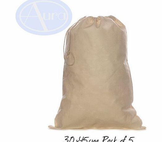 Cotton Bags @ Aura PACK of 5 - FAIRTRADE Natural COTTON Drawstring Bags. Size: 30 x 45cm (M)