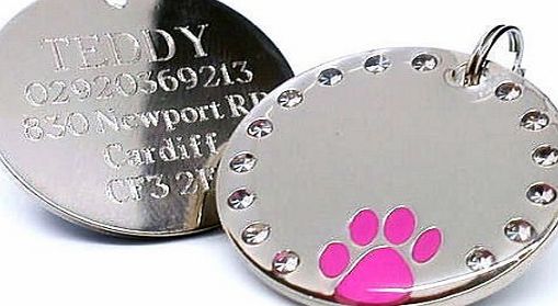 Personalised 30mm Round Crystal and Pink Paw Dog Pet ID Tag Disc Engraved.......TO LEAVE ENGRAVING DETAILS PLEASE READ PRODUCT DESCRIPTION LOWER DOWN THIS PAGE.