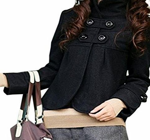 Coxeer Womens Woolen Jacket Outwear Long Sleeve Short Coat (XL, Black)