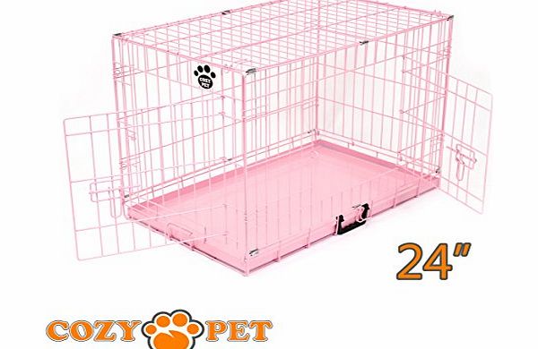 Cozy Pet Dog Puppy Cage Folding 2 Door Crate with Non-Chew Metal Tray Small 24 inch in Pink - Also available with Luxury Paw Print Vet Bedding or faux Sheepskin Bedding with NO Extra Postage! Just Cli
