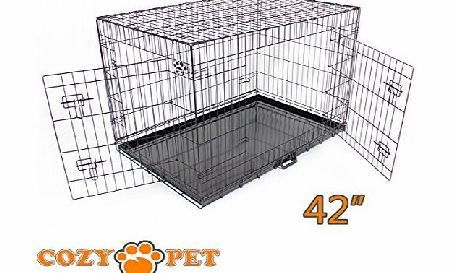 Cozy Pet Dog Puppy Cage Folding 2 Door Crate with Non-Chew Metal Tray XL 42 inch in Black