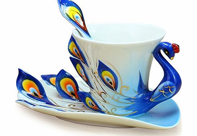 Cozyswan Collectable Fine Arts China Porcelain Tea Cup and Saucer Coffee Cup Peacock Theme Romantic Creative Present blue