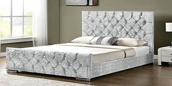 CRAVOG Diamante Upholstered Fabric Bed Frame Velvet Chenille Double King Size (Double 4FT6, Silver Velvet)