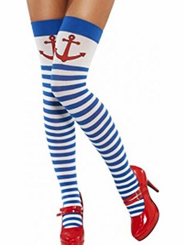 Crazy Chick NEW WOMEN LADIES THIGH HIGH OVER THE KNEE STOCKINGS WITH BOW FANCY DRESS HOLD UP AVAILABLE IN DIFFERENT STYLES (Sailor Blue White Stripe)
