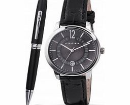 Cross Mens Black Leather Strap Watch with Black
