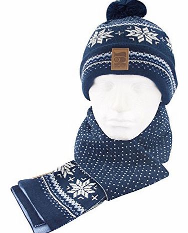 Crosshatch Bobble Knitwear Hat Scarf Winter Xmas Set Dress Blue