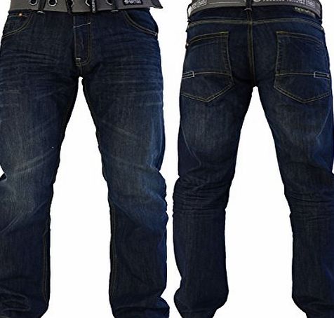 Crosshatch Mens Designer Crosshatch Techno Straight Leg Denim Jeans amp; Belt Regular To King Sizes (30W X 32L, Dark Wash Techno)