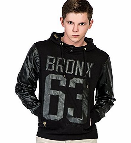Crosshatch Mens PU Sleeve Hoodie Leather Trim Sleeves Designer Hooded Sweatshirt Hoodies (L, Black)