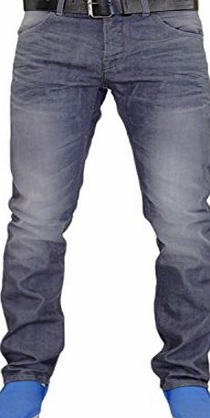 Crosshatch New Mens Designer Crosshatch Coated Denim Slim Fit Jeans Trousers with Free Belt (34W X 32L, Light Grey)