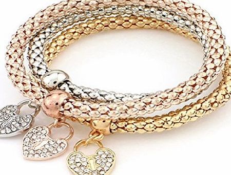 Crystal Qian 3 Pack Women Fashion Crystal Rhinestone Heart Elastic Bracelets