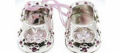 Crystal Temptations Baby Shoes Silver Plated with Pink Swarovski Crystal - Pink Ribbon - Christening Gift