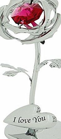CRYSTOCRAFT  Free Standing Silver Plated ``I Love You`` Single Red Rose Ornament With Swarovski Elements