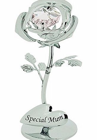  Free Standing Silver Plated ``Special Mum`` Single Pink Rose Ornament With Swarovski Elements