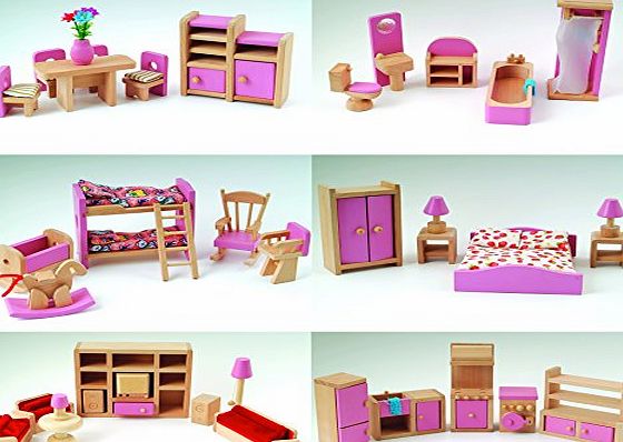 CS Wooden Pink Wooden Dolls House Furniture 6 Room Set   4 Dolls Age 3  CE Miniature Toy