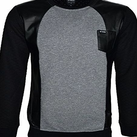 D-Rock 1967 Mens Designer Crew Neck Sweatshirt Pvc Leather on Sides Fleece Long Sleeve Jumper (X-Large, Light-Grey)