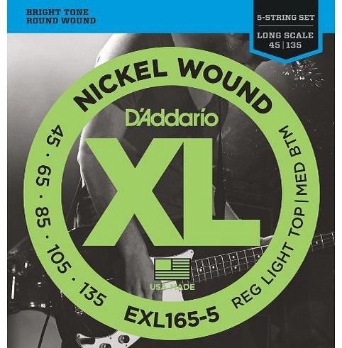DAddario EXL165-5 XL Nickel Wound Regular Light Top/Medium Bottom (.045-.135) 5-String Electric Bass Guitar S