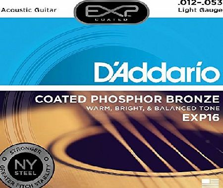 DAddario EXP16 with NY Steel Phosphor Bronze Acoustic Guitar Strings, Coated, Light, 12-53