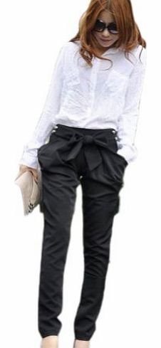 DADITONG  Fashion Women Harem Skinny Long Trousers OL Casual Slim Bowknot Black/ Khaki (M, Black)