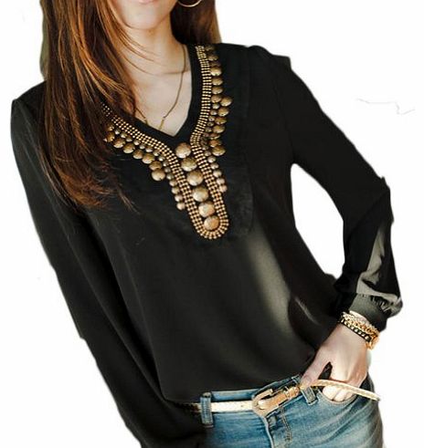 DADITONG  New Fashion Copper Sheet Long Sleeve Chiffon Shirt Blouse Tops Womens Girl (Black)