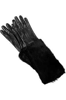 Black elongated leather gloves with lapin cuffs.