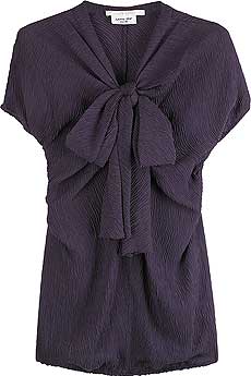 Violet silk cloque blouse with self-tie bow on front