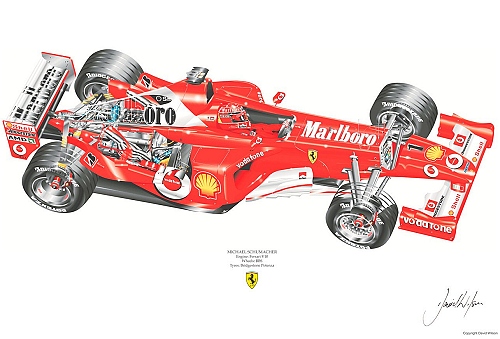Ferrari F2003GA Cut Away - M.Schumacher signed by artist Measures 48cm x 32cm (19x13)