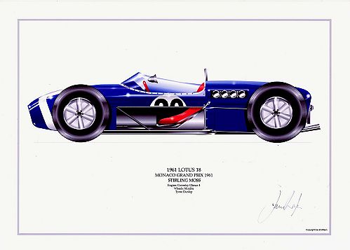 David Wilson Lotus 18 - Stirling Moss signed by artist Measures 48cm x 32cm (19x13)