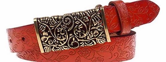 Dawdyfu Vintage Carved Leather Belts for Jeans Metal Buckle Womens Belts (red)