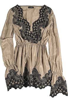 Mocha satin blouse with black floral embroidery and scalloped edging.