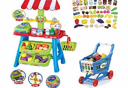 (VTM SPC-B) deAO Kids Market Stall Toy Shop amp; Shopping Trolley amp; Play Food