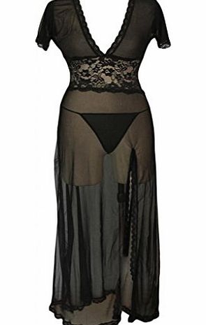 Dear-lover Womens Mesh and Lace V Neck Lingerie Gown XX-Large Size Black