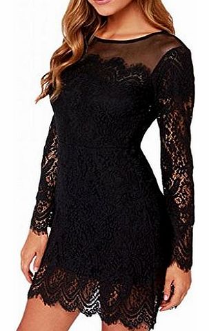 Womens Solid Autumn O-Neck Long-sleeve Lace Mini Dress One Size Black